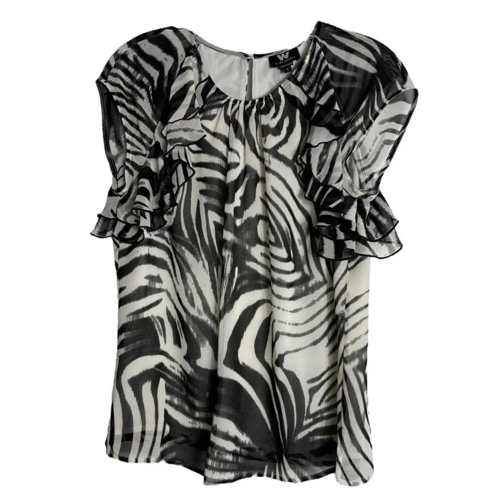 W by WORTH Zebra Print Sleeveless Flounce/Ruffles Blouse Size 2— Quiet Luxury! - Picture 3 of 9
